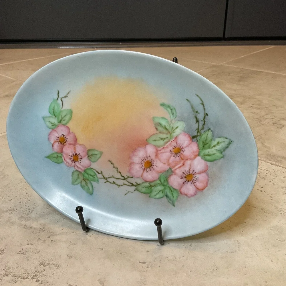 Vintage Irene Arden 1985 Hand Painted Floral Porcelain Oval Platter Signed